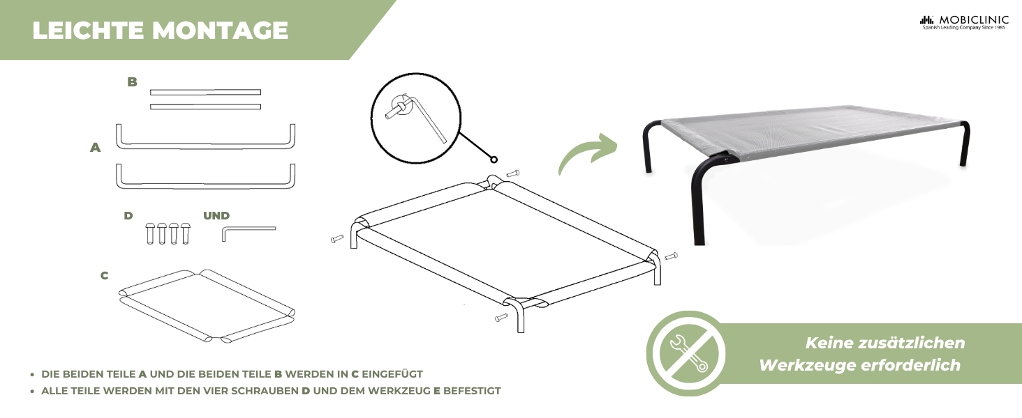 Mobiclinic® Cleo: Підвищене собаче ліжко, сіре, 122x71x21 см. Ізольоване, для внутрішнього та зовнішнього використання, міцне, легко миється, без інструментів, до 60 кг