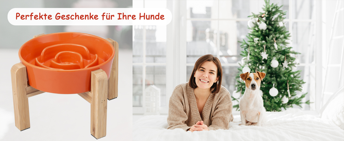 Антислизька годівниця для собак, кераміка, піднята - годівниця для собак на бамбуковому підставці, для повільного годування, для маленьких та середніх собак, білий, діаметр 17 см