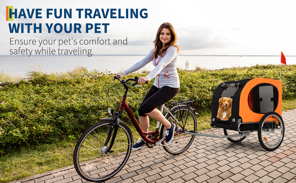 Дитячий велосипед-причеп для собак до 40 кг – з безпечною лідкою, прапорцем, 20-дюймовими шинами, амортизацією, водонепроникним покриттям з ПВХ, сталевим каркасом, вентиляційними вікнами – помаранчевий