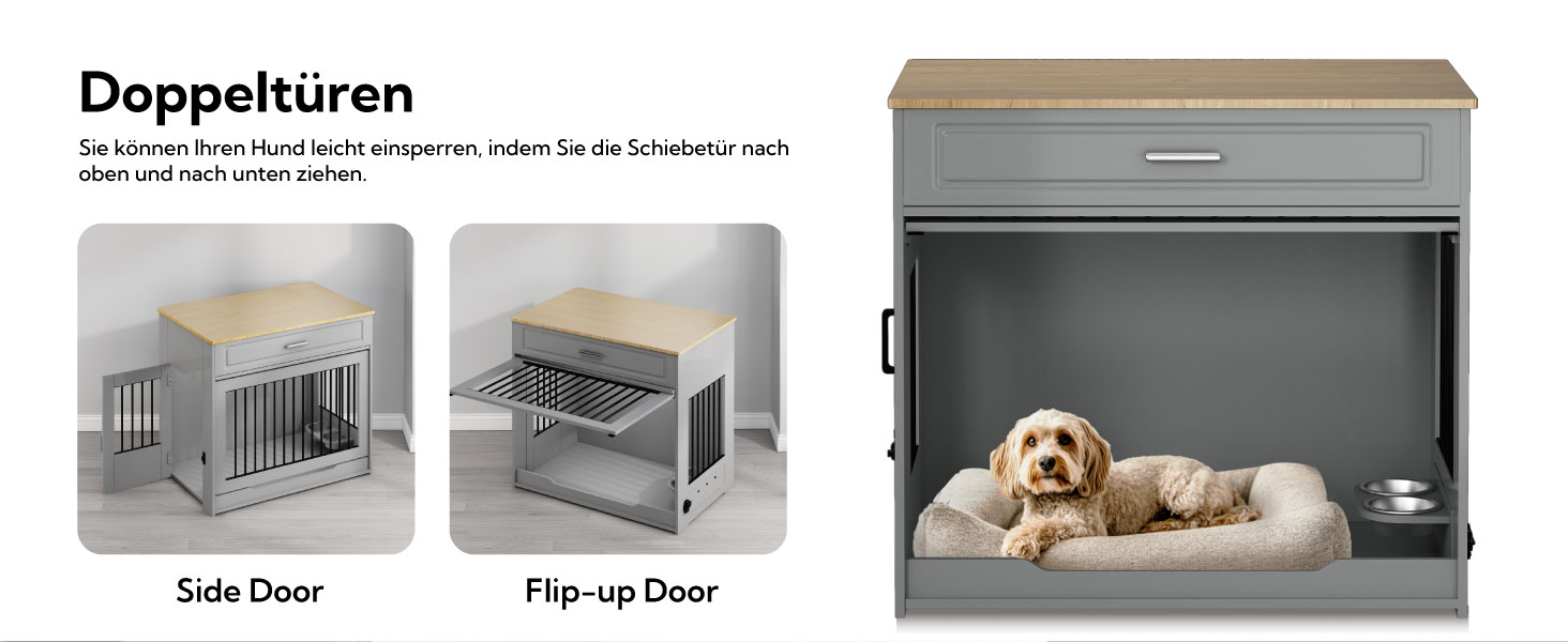 DAWNYIELD Клітка для собак, меблі, дерев'яна з відкидною дверцятами та шухлядою, стиль меблів, внутрішній вольєр для собак, стіл з поворотним миском на 360°, білий колір, біла розсувна дверцята (сіра розсувна дверцята)