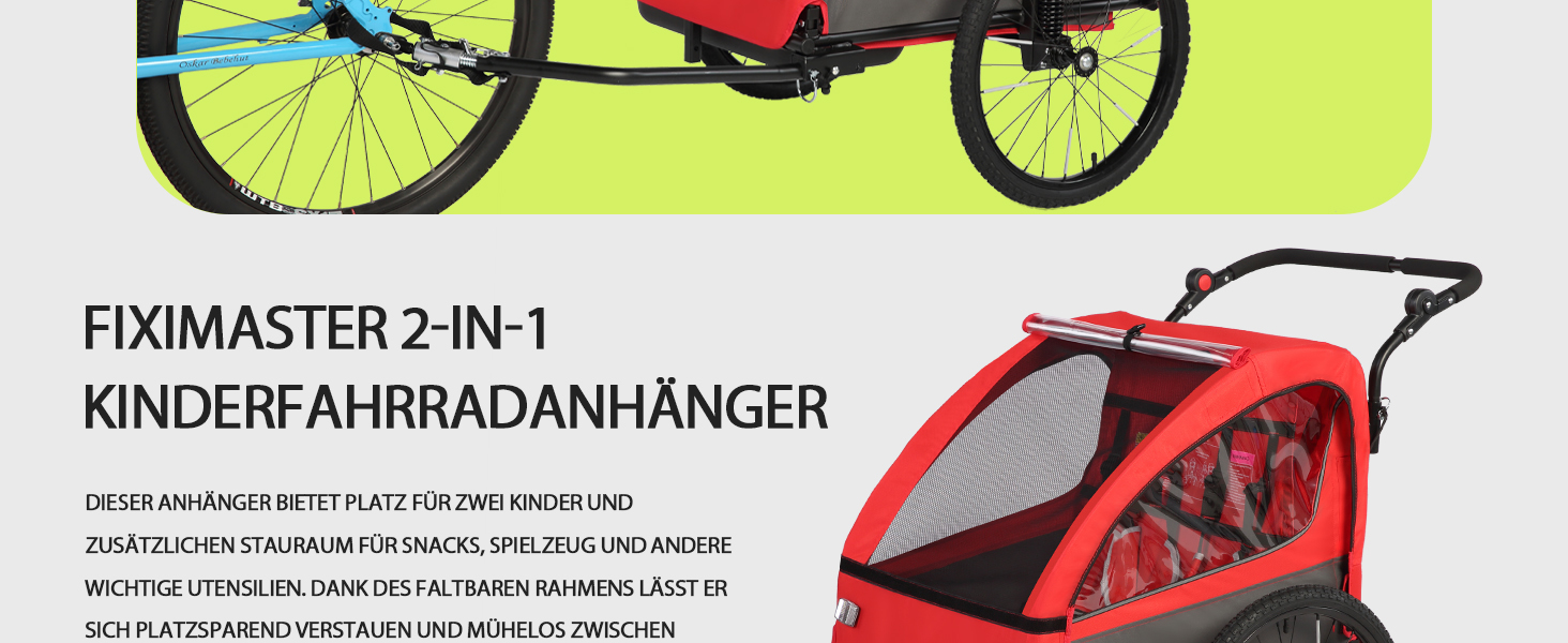 Дитячий велопричіп 2в1 з функцією візка та бігуна, амортизація, регульована ручка-штовхач та гальма, для 1-2 дітей до 40 кг (Червоний)