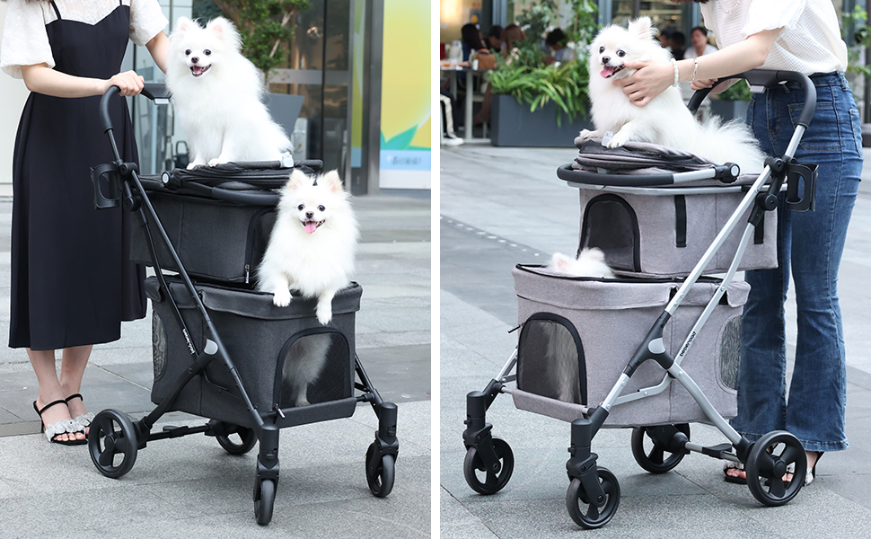 Beberoad Розкладний візок для собак, 2 яруси, для маленьких собак та котів, візок-переноска для домашніх тварин, чорний