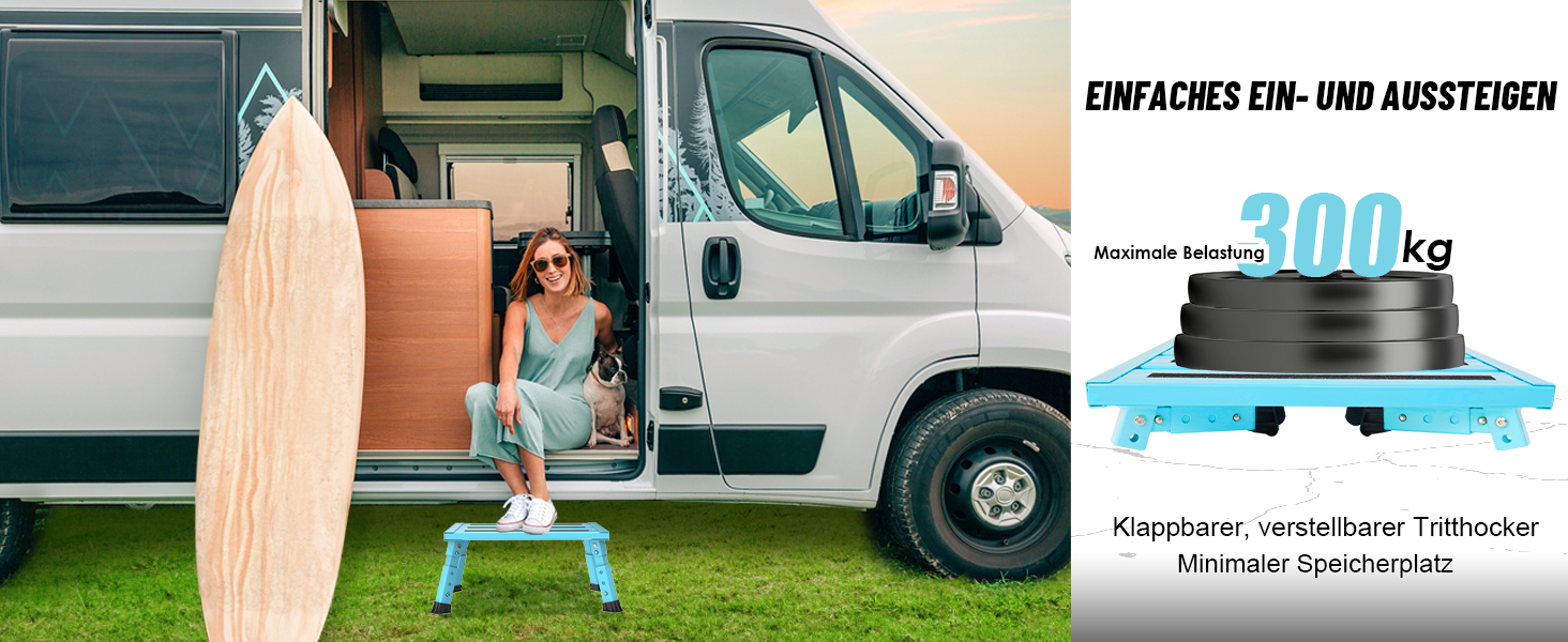 Алюмінієва розкладна сходинка-підставка, 300 кг, 3 сходинки, регульована висота, широка антиковзна поверхня, для автодому, саду та сходинок для собак, легка та складна (Блакитна)