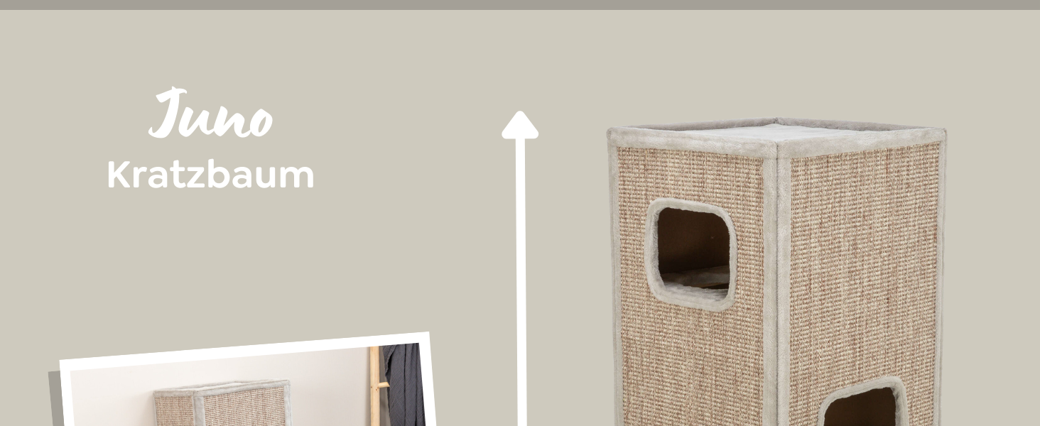 Кігтеточка TRIXIE Juno сіра, 116 см - двоярусна кігтеточка з 2 печерами, лежаком та килимом з сизалю - зручна та стійка