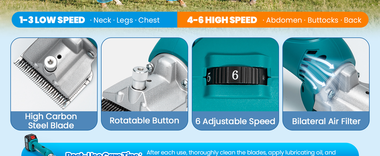 Акумуляторна машинка для стрижки шерсті Anbull: 2 акумулятори, 2800 обертів, для товстого та сплутаного хутра, 6 швидкостей, для коней, овець, кіз (Блакитна)