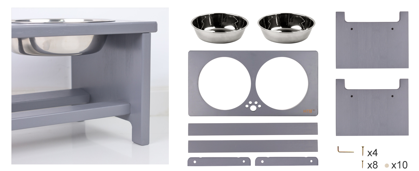 Підвищені годівниці для собак HTB, бамбук, 2 миски з нержавіючої сталі, 44x24x18 см, 18 см висота, сірий колір