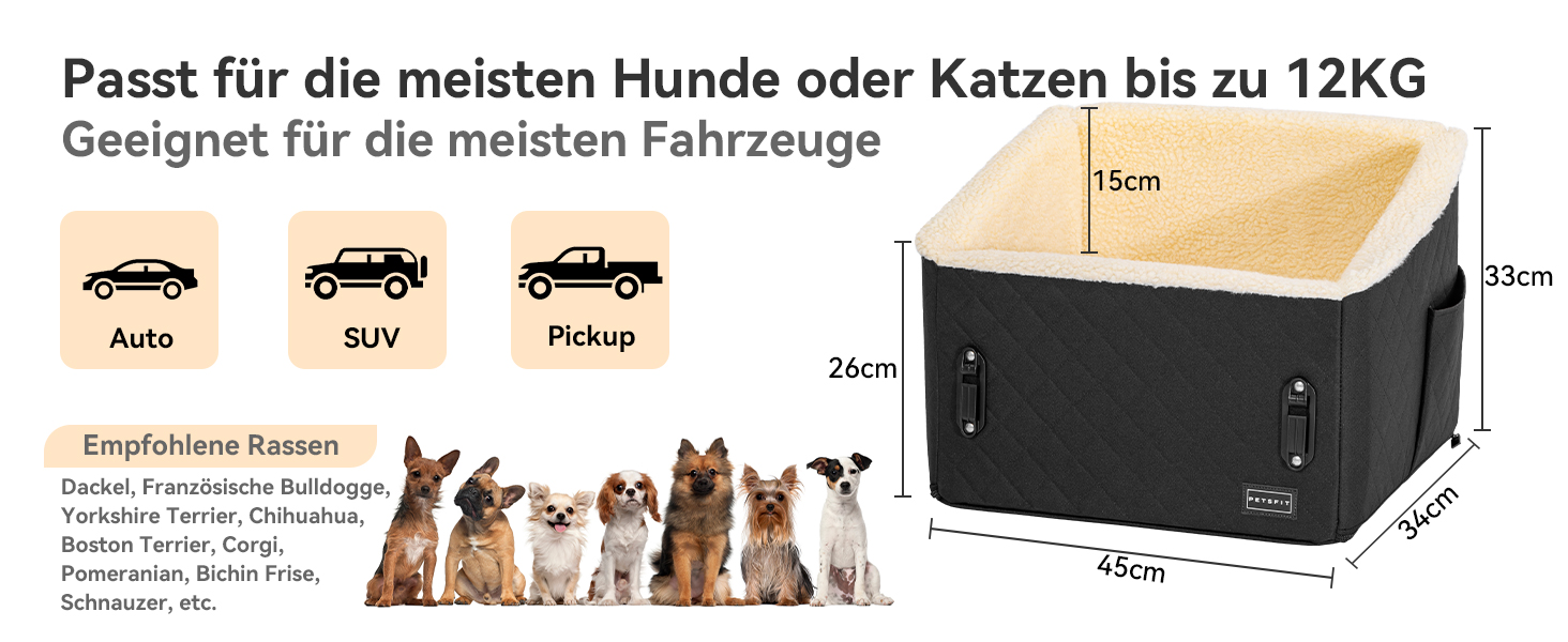 PETSFIT Автокрісло для собак, підняте на 12.5 см, чорний, для собак до 12 кг