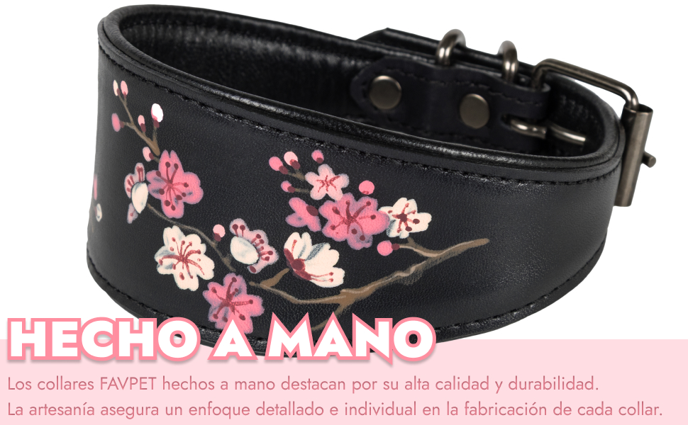 Ручний розпис шкіряний нашийник для грейхаундів FAVPET з QR-кодом, рожевий сакура (M)