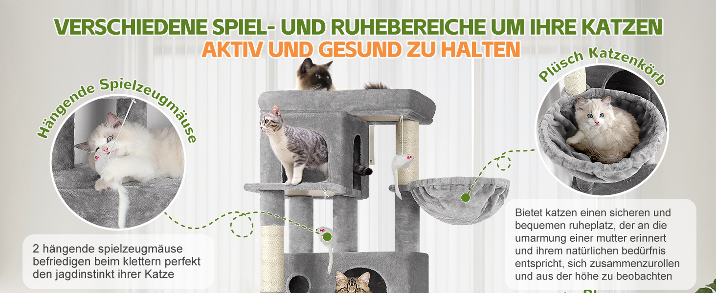 Драбина-стіл для котів Globlazer з 3 будиночками, платформа, 5 сизалевих стовпчиків, кошик та іграшками, 168 см, сірий