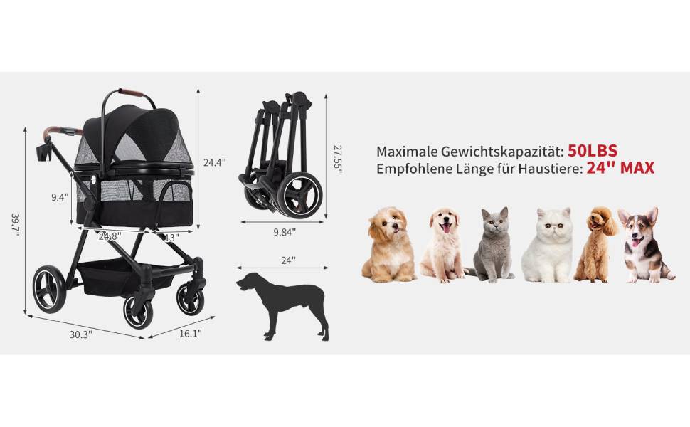 Візок для собак Zstar Hundewagen - чорний, для 2 маленьких тварин (до 15 кг), знімні сумки