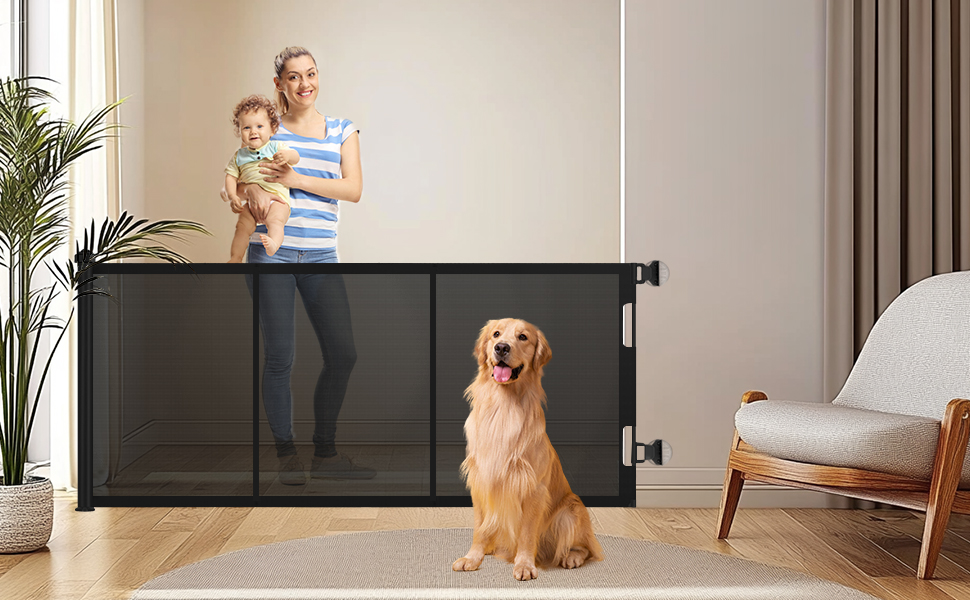 Захист для сходів з замком, розтяжний захист для дітей та собак, ширина 150 см, висота 83 см (140 см/білий, без свердління, автоматичний замок)