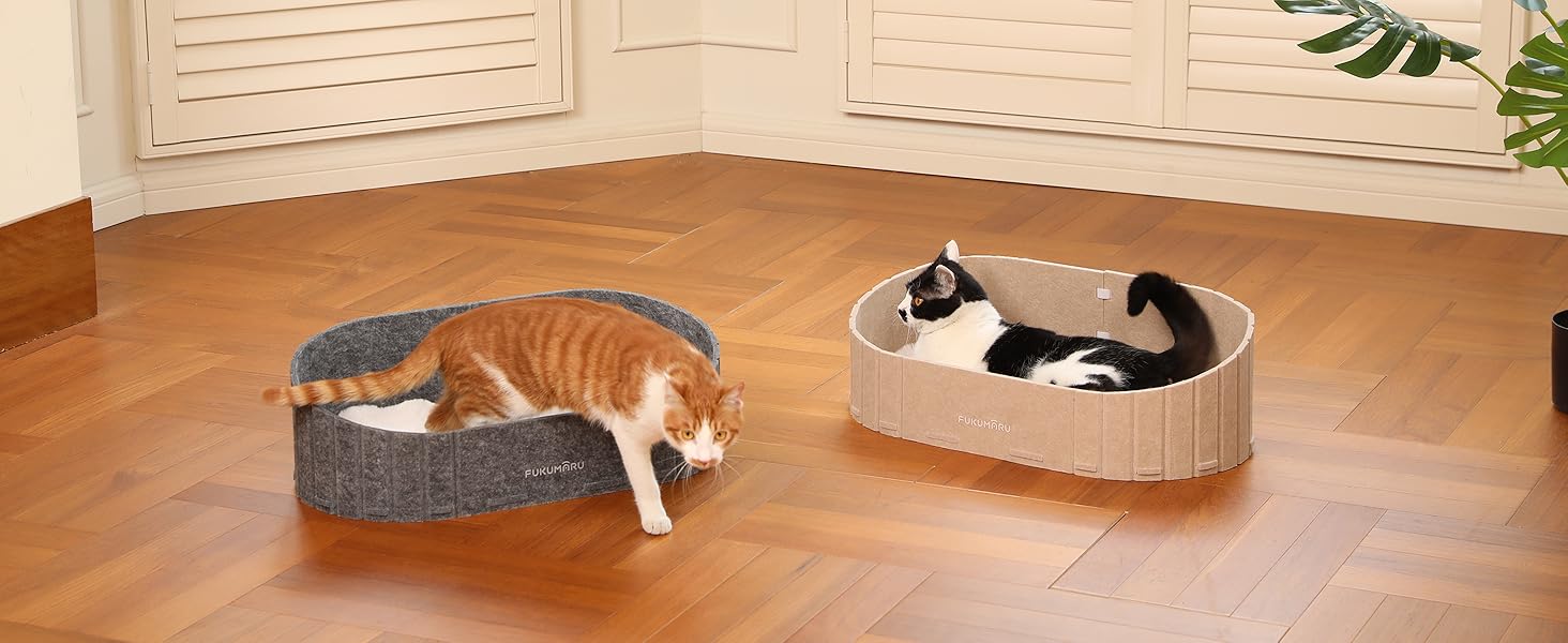 Ліжко для котів FUKUMARU, сіре овальне ліжко-диван з м'яким штучним хутром, філц, 61 см