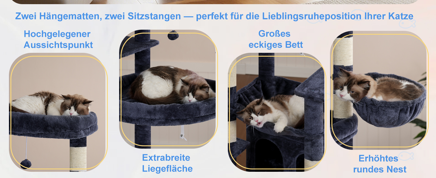 Драбина-будинок для котів Heybly HCT038W (Сірий) - 202 см з 2 платформами, будиночком, гамаком та сизалевим стовпом