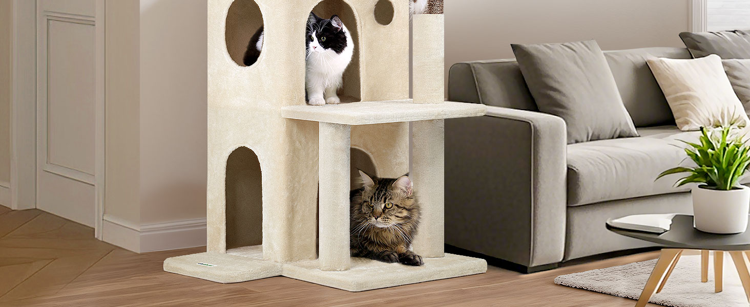 Дерев'яний комплекс для котів Globlazer з будиночком, платформами та іграшками, 127 см, бежевий (XL)