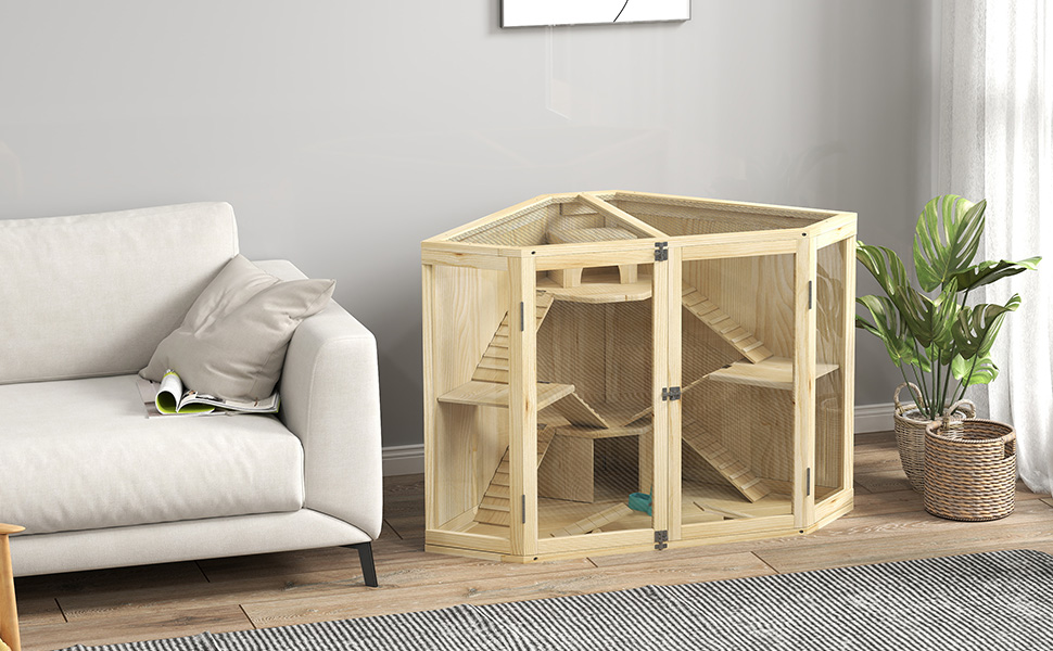 Клітка для хом'яків PawHut з дерева, 4 рівні, будиночок, гойдалка, годівниця, рампи, клітка для дрібних тварин, підходить для хом'яків та мишей, 115 x 69,5 x 79 см