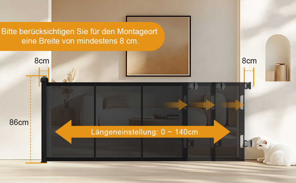 Захист для сходів з замком, розтяжний захист для дітей та собак, ширина 150 см, висота 83 см (140 см/білий, без свердління, автоматичний замок)