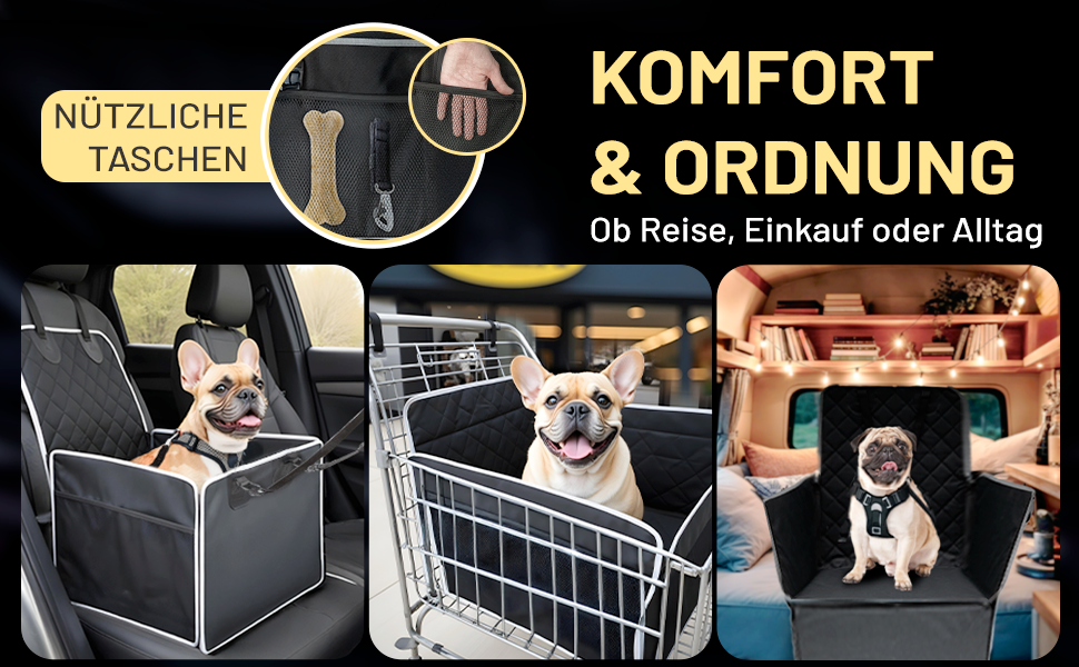 Автокрісло для собак VANEJA: безпечне та зручне автокрісло для маленьких собак, чорного кольору, з водонепроникним кошиком та фіксаторами, TÜV-сертифіковане