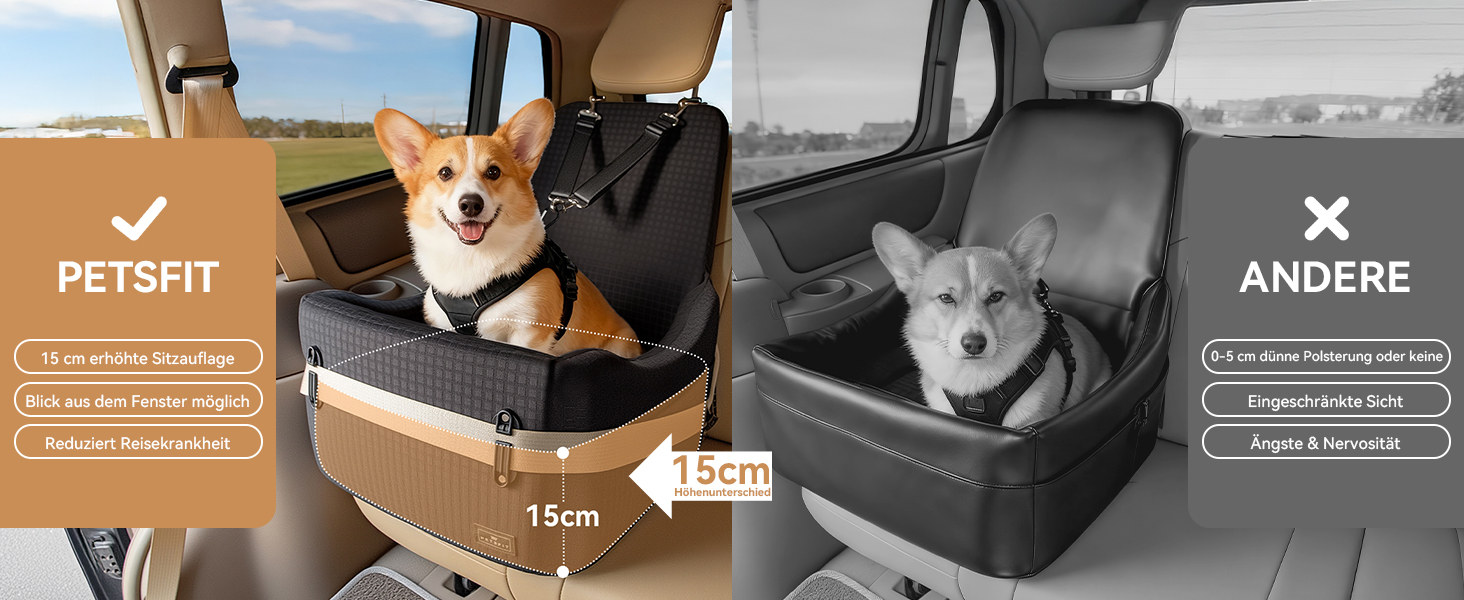 Автокрісло для собак PETSFIT до 15 кг – безпечне, з пам'яттю, 2 відділення, чорний/сірий