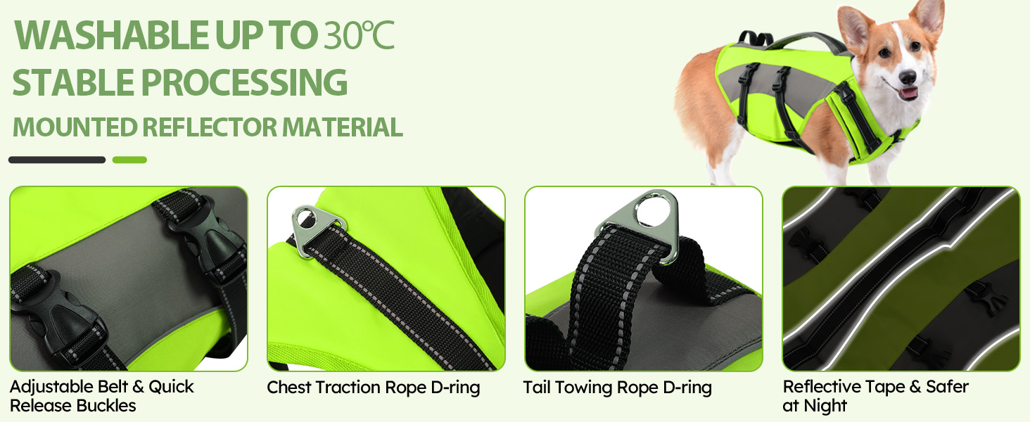 Жилет рятувальний для собак CITEKOILE з ручкою та світловідбиваючими елементами, регульований, для малих, середніх та великих собак, для водних видів спорту, плавання та катання на човні, (S, Зелений)