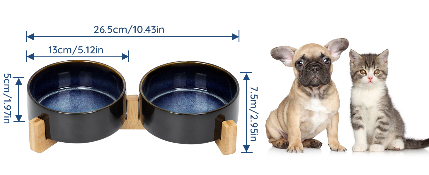 Набір мисок для собак та котів SPUNKYJUNKY з кераміки, 2 шт., 400 мл, блакитний, з підставкою з бамбука