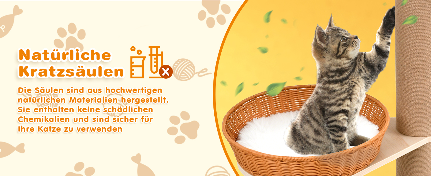 Комплекс для котів Kratzbaum з 5 поверхів, до стелі, регульована висота (255-270 см), з огорожами та сизалевими стовпами, котячий будиночок з капсулою та плетеним кошиком