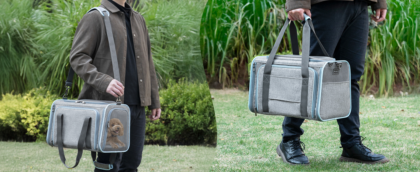 Транспортна сумка для кота та собаки Petsfit, розширювана переноска з плечовим ременем, сумка-переноска для собак та котів, авіапереноска, оксфордська тканина, M, Зелений/Одностороння зелена (Сірий, M/Двосторонній)