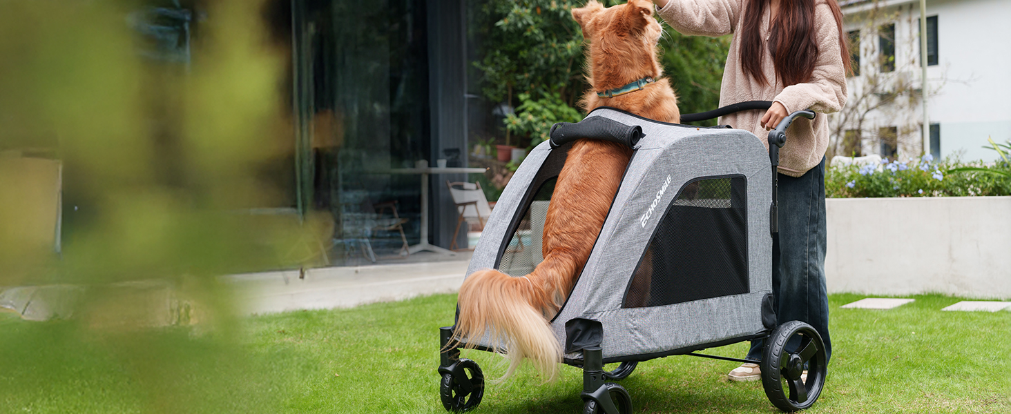 Візок для собак EchoSmile для середніх та великих собак до 70 кг, сірий, складний, з сітчастими віконцями та регульованою ручкою, 4 проходимі колеса