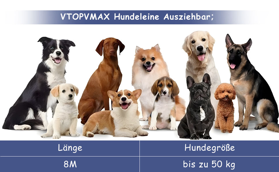 Висувна поводок для собак VTOPVMAX - для середніх та великих собак до 50 кг | Міцний поводок з безпечним кабелем, дозатор для відходів та гальмо однією рукою (Білий) Білий (8 м, Синій)