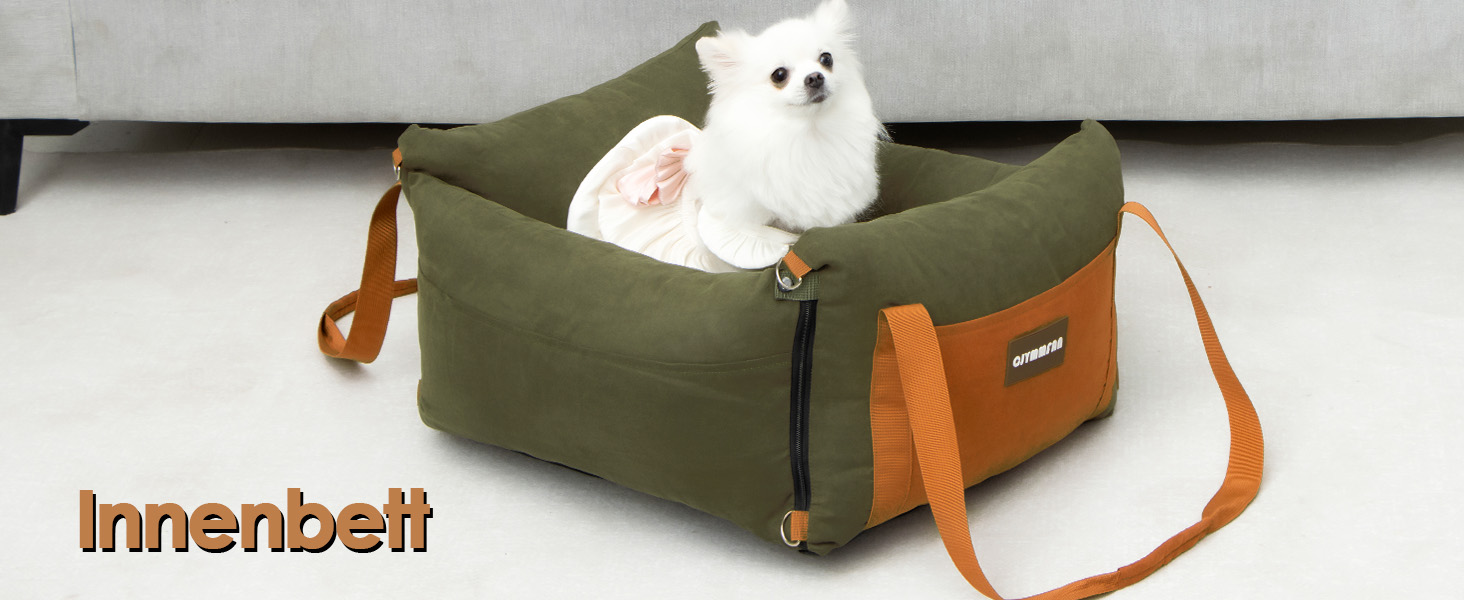 Автомобільний лежак для собак маленьких та середніх порід (до 15 кг), з висувною зоною відпочинку, знімний та пральний, з кишенями та ременем безпеки, зелений