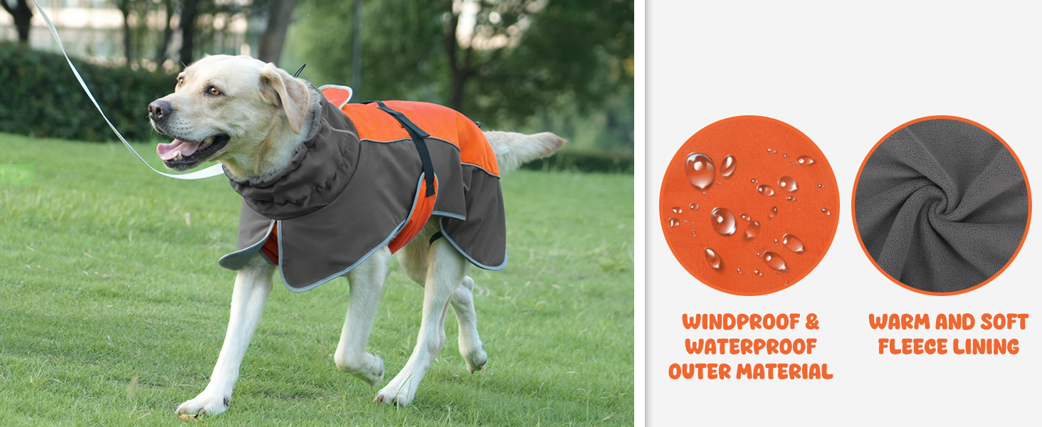 Водонепроникна куртка для собак, світловідбиваюча, вітрозахисна, тепла зимова куртка з м'яким флісовим підкладкою для собак маленьких та великих порід, для активного відпочинку, кемпінгу та походів у холодну погоду, розмір M (спина: 50 см), помаранчевий колір