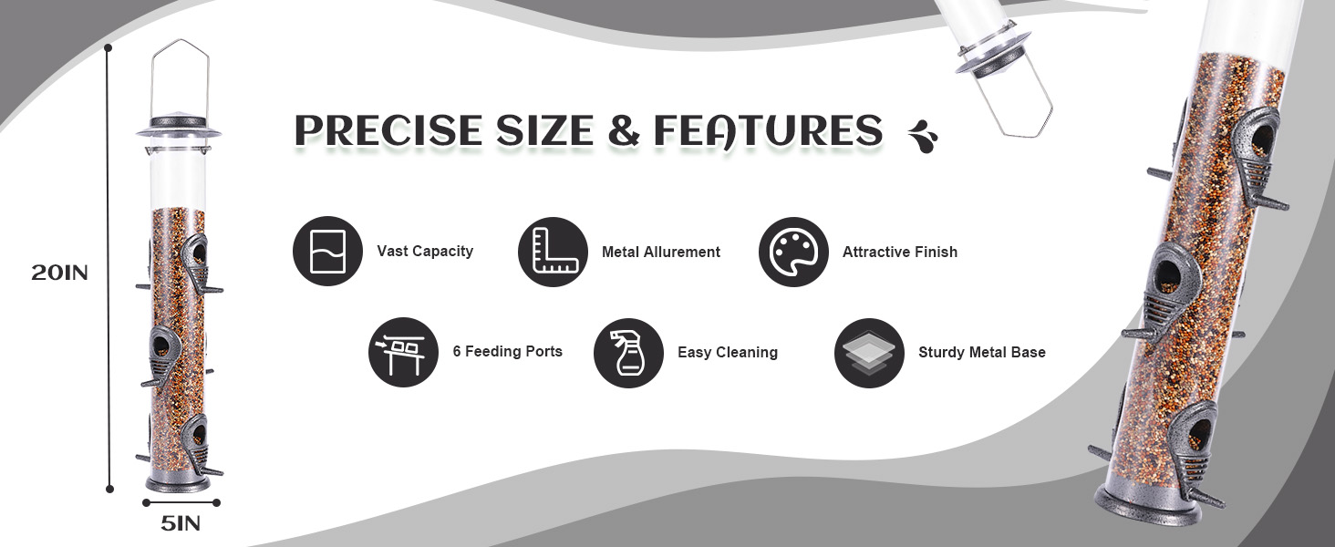 Годівниця для птахів Mixxidea з металевої труби для вулиці, 6 портів, підвісна годівниця для диких птахів