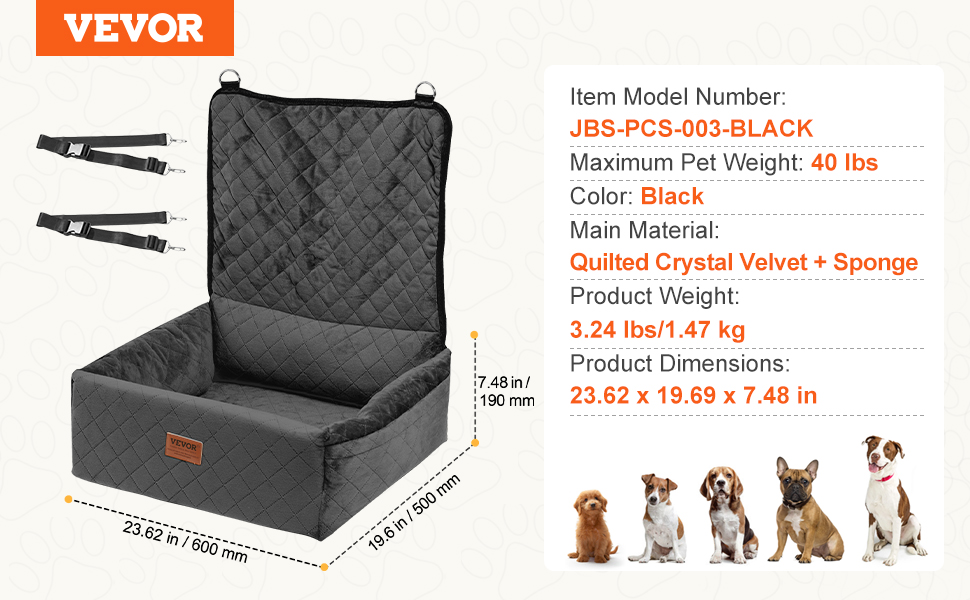 Автокрісло для собак VEVOR: підйомник для собак у машину з кишенькою для зберігання, страхувальний поводок, наповнювач з губки та PP-бавовни, автоліжко для собак маленьких та середніх порід до 18 кг