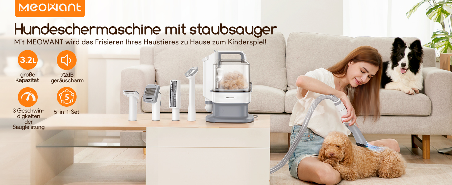 Машинка для стрижки собак Meowant з пилососом для шерсті: 3.2 л, тиха, 5 професійних насадок для догляду та прибирання