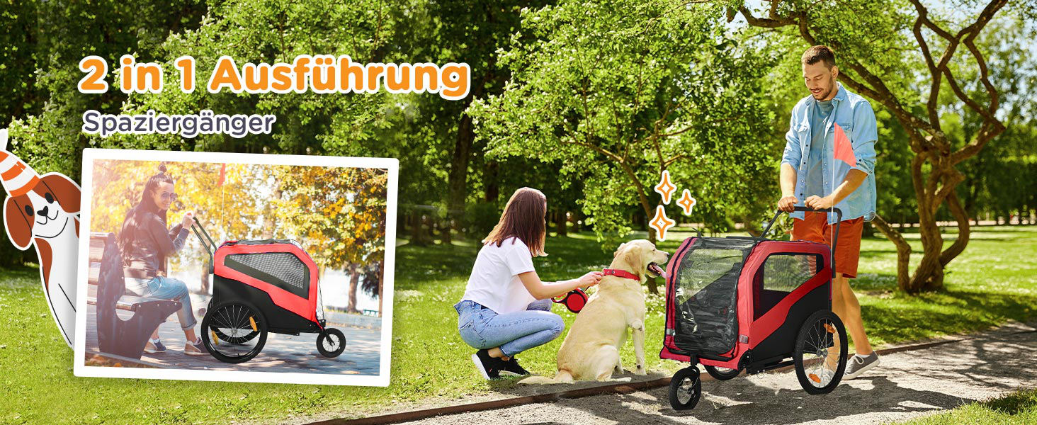 PawHut Причіп для собак 2-в-1, велосипедний причіп для собак, візок для собак з відбивачами, максимальне навантаження 30 кг, для великих собак, матеріал Оксфорд, червоний