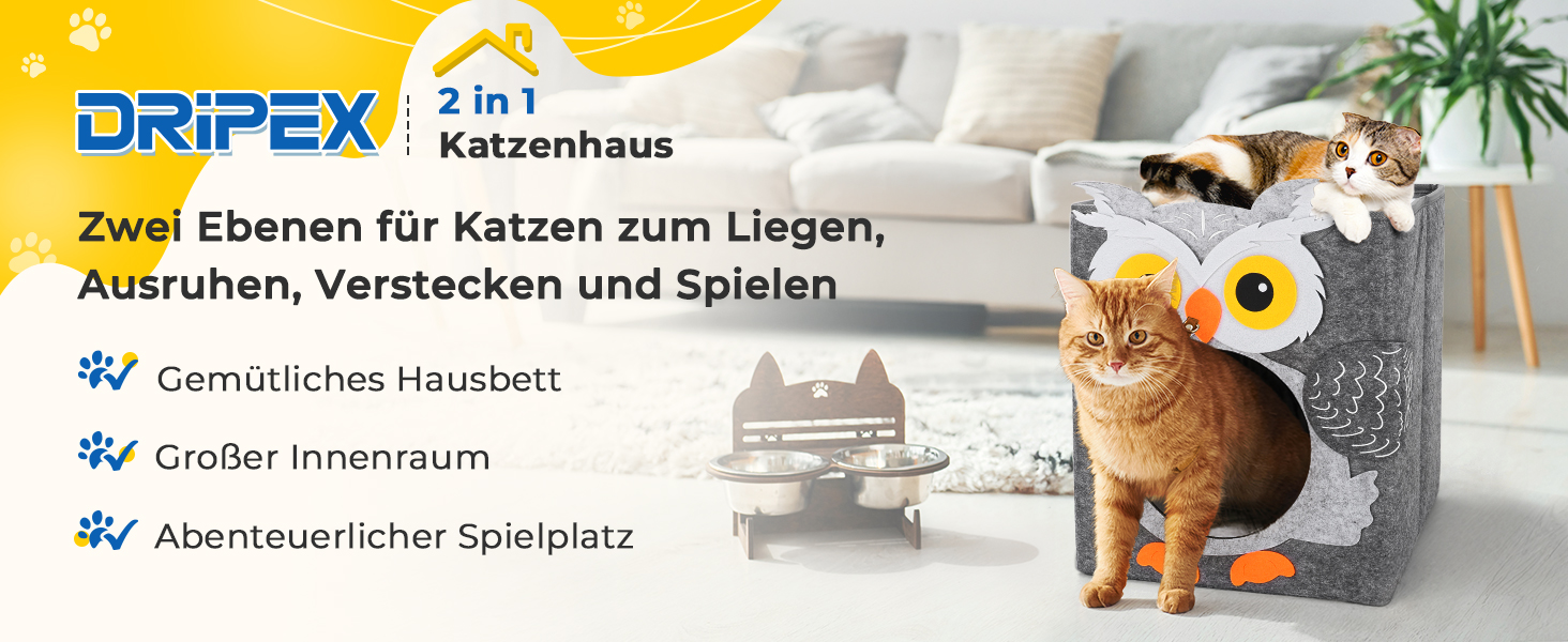 Двоповерховий будиночок для котів Dripex з фетру з подушкою, 30 x 35 x 35 см (Сова)