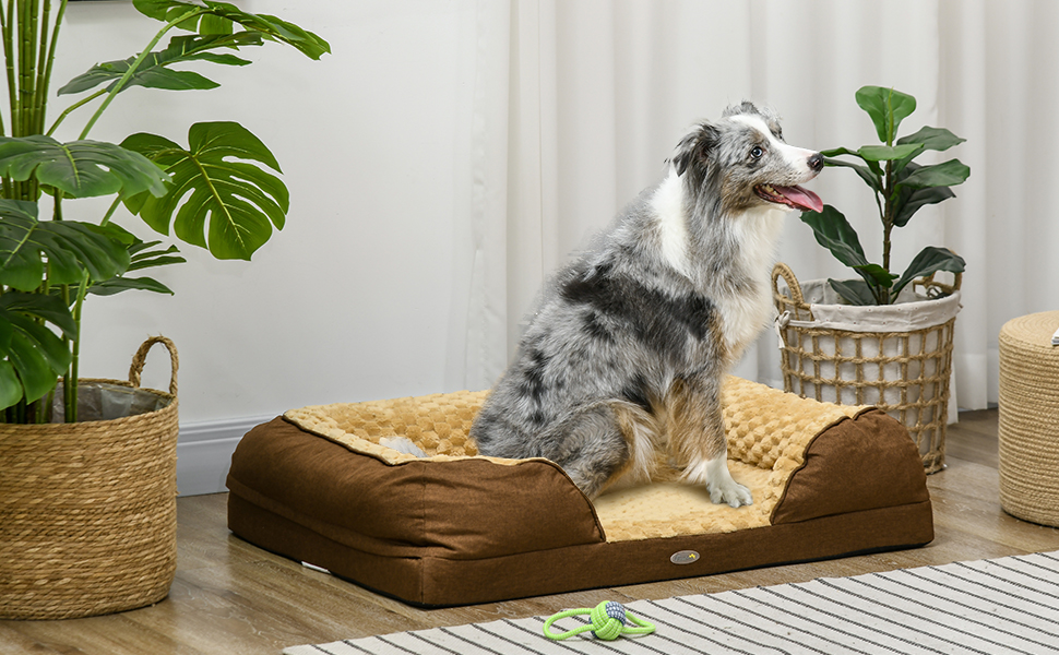 PawHut ліжко для собак заспокійливе, м'яке, для маленьких собак - (колір коричневий, розмір L 90 x 69 x 21 см)