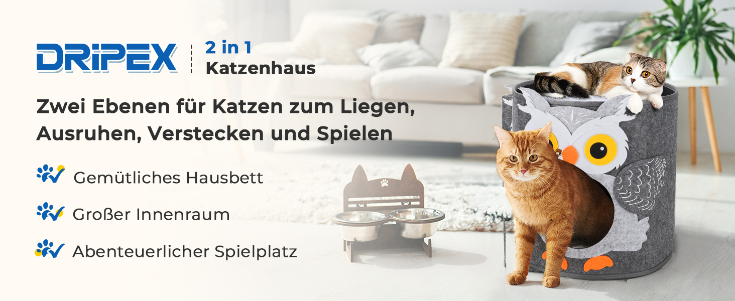 Кігтеточка-будиночок для котів Dripex з 2 поверхів, з фетру, з подушкою, 30 x 35 x 35 см (Сова)