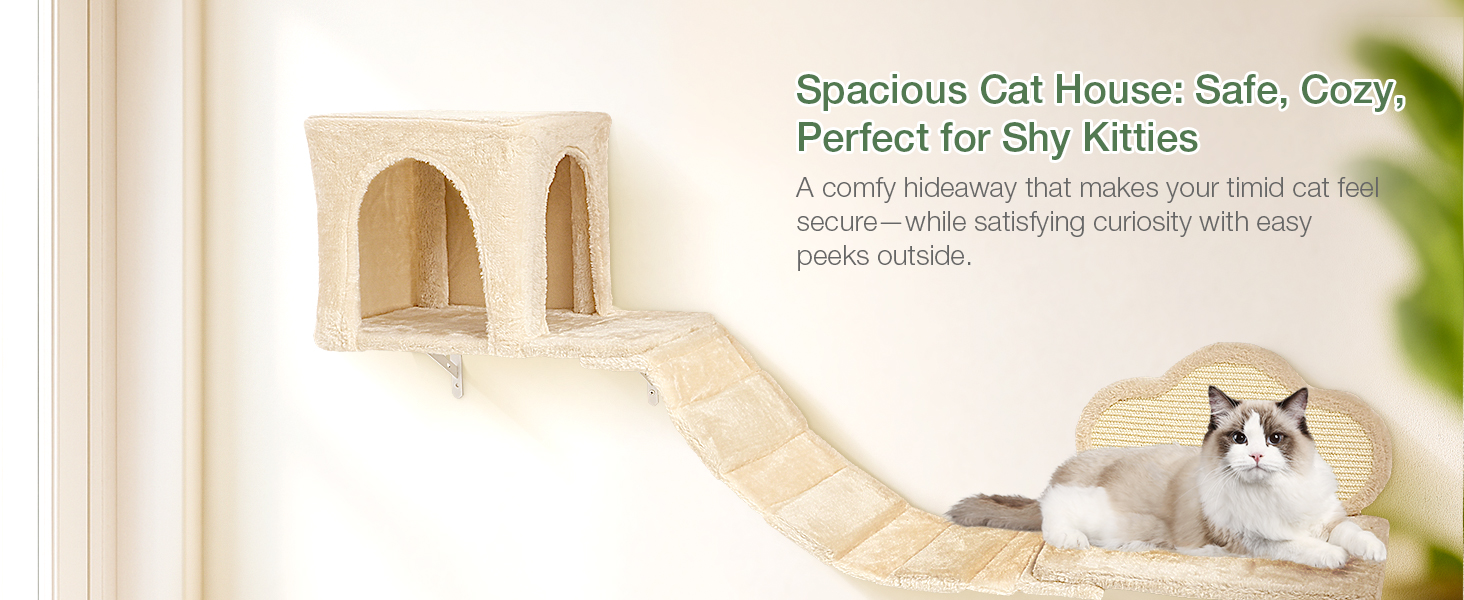 Комплекс для котів BYBYME з гамаком, ліжком та полицями, 6шт. Міцні меблі для котів з плюшевою стійкою, когтеточкою та сизалевими стовпчиками (Бежевий)