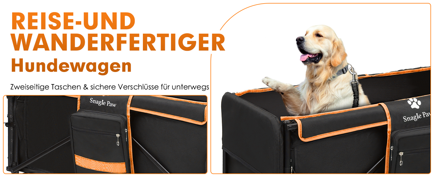 Візок для собак Snagle Paw з заднім люком та рампою, великий, складний, для великих та середніх собак, з регульованою ручкою та стоянковим гальмом, 4 колеса для прогулянок, джоггінгу, подорожей, до 90 кг, чорний/помаранчевий