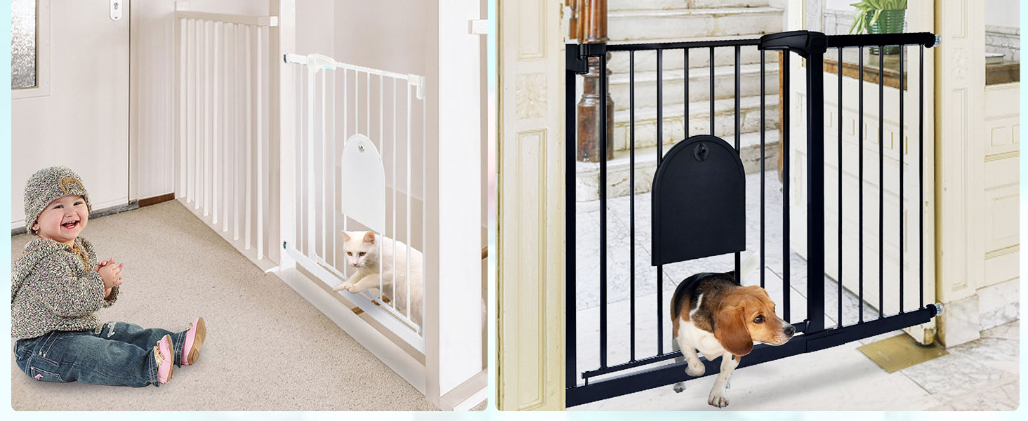 Захист для воріт SUBTLETY з дверцями для котів, автоматичне закриття, захист для сходів, захист для собак та дітей без свердління, розширюваний, чорний (75-85 см)