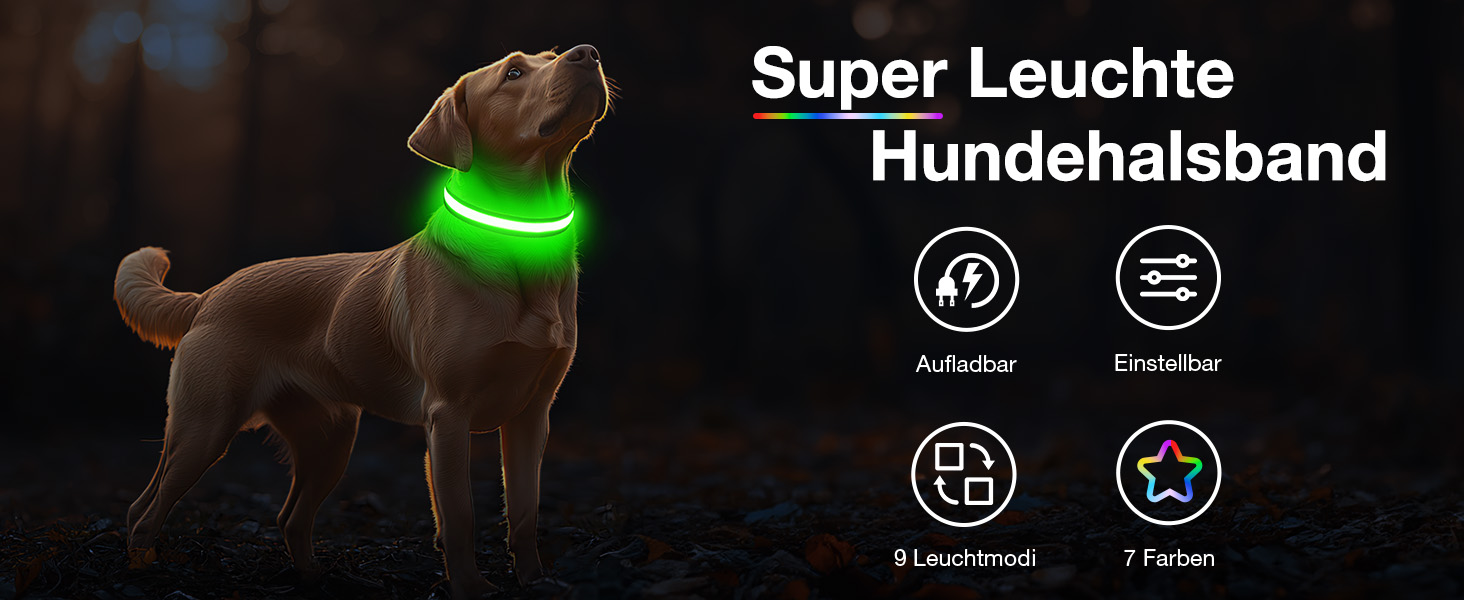 Світлодіодне нашийник для собак Leuchthalsband PcEoTllar, водонепроникний, 7 кольорів, регульований, для маленьких та великих собак, чорний (зелений, S)