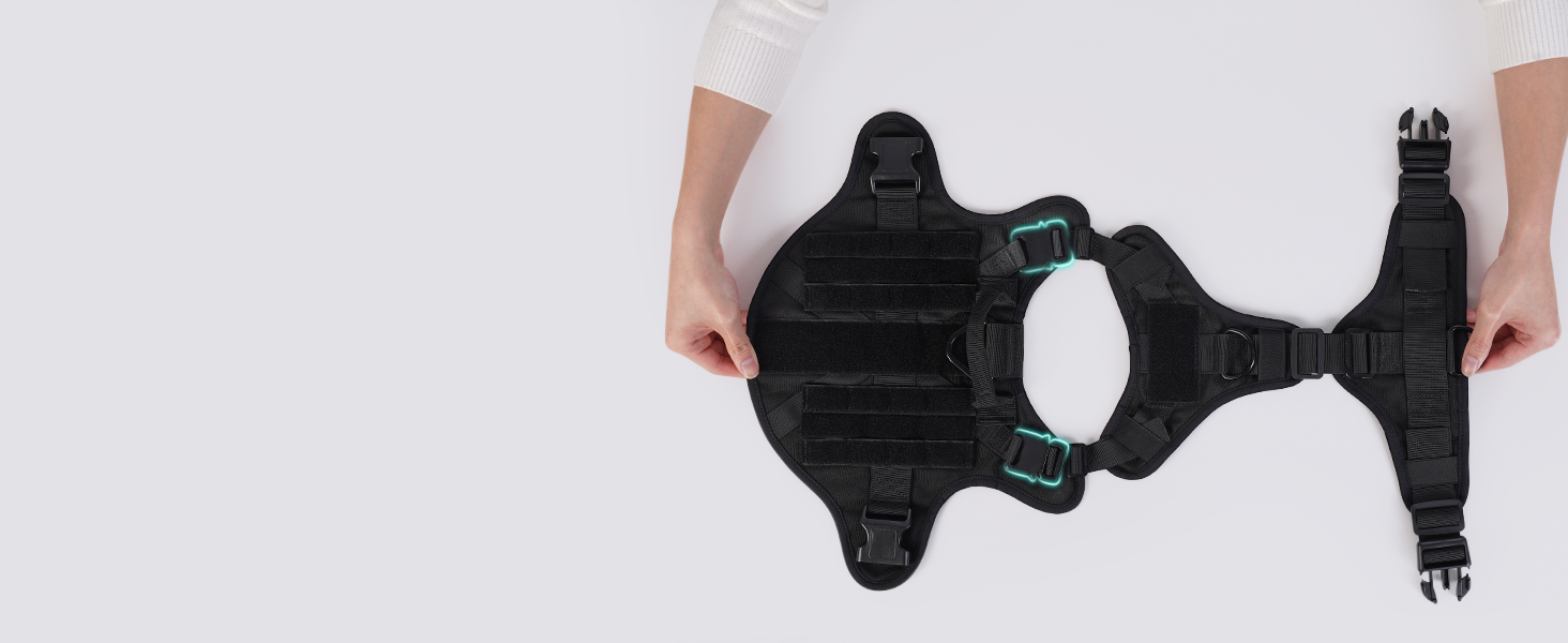 Шлейка для собак Rabbitgoo великих порід, без натягу, тактична з MOLLE, металеві пряжки, дихаюча, військова, чорна, L