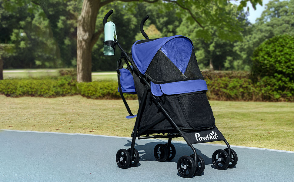 PawHut Візок для собак і котів, складаний, до 4 кг, з сітковими віконцями, ременем через плече, кишеню для зберігання, тримач для чашки, парасолька, темно-синій