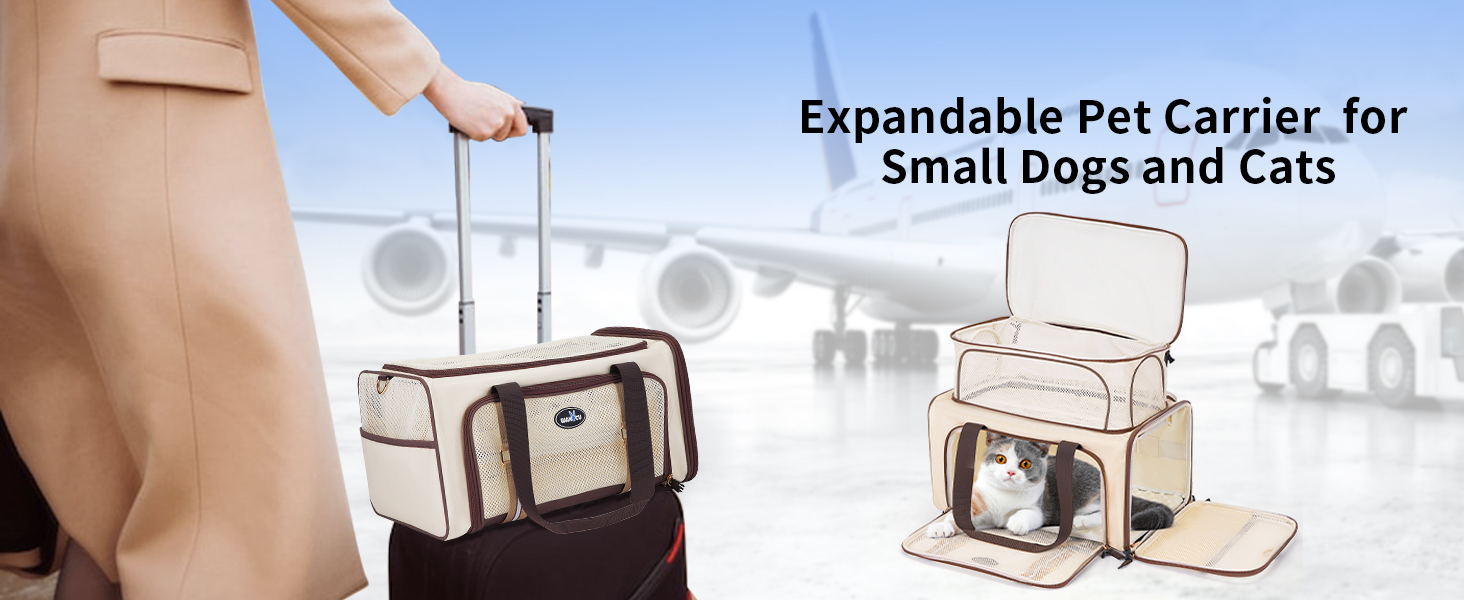 Транспортна сумка для котів Wakytu, схвалена авіакомпаніями, розширювана, м'яка переноска для кошенят та маленьких собак з великим килимком