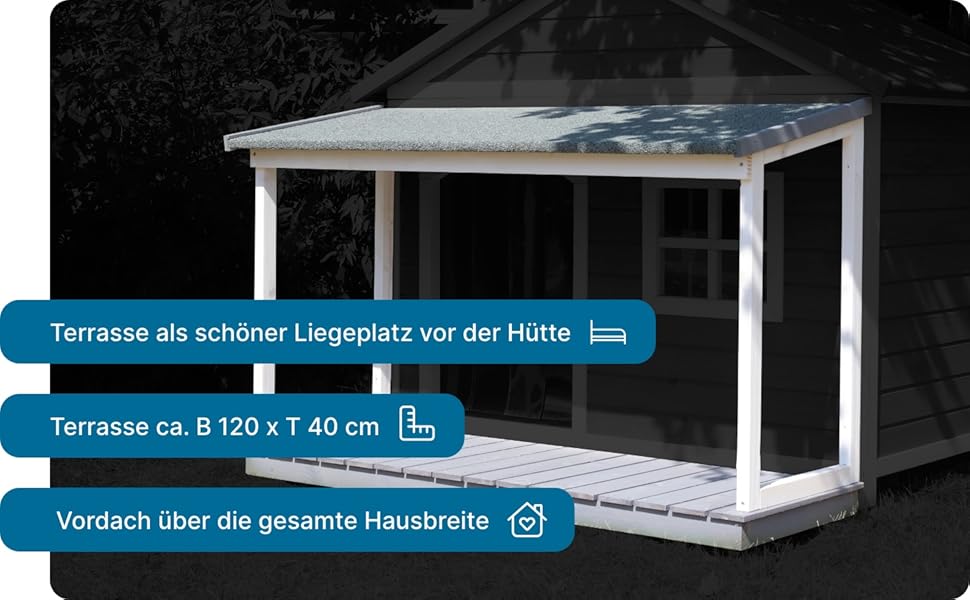 Будка для собак SunnyDogs з масивного дерева | Тепла та водовідштовхуюча будка з дахом та терасою | Розміри: 130 x 118 x 108 см