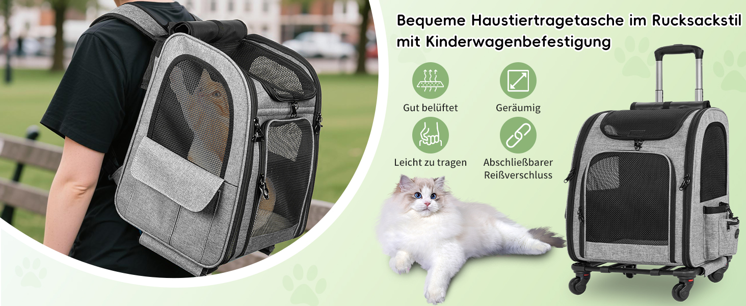 OUUTMEE Сумка-переноска для домашніх тварин, знімний чохол з колесами, ідеальна для котів та маленьких собак, багатофункціональний рюкзак, сумка-переноска 4-ма способами, дихаюча (Сірий)