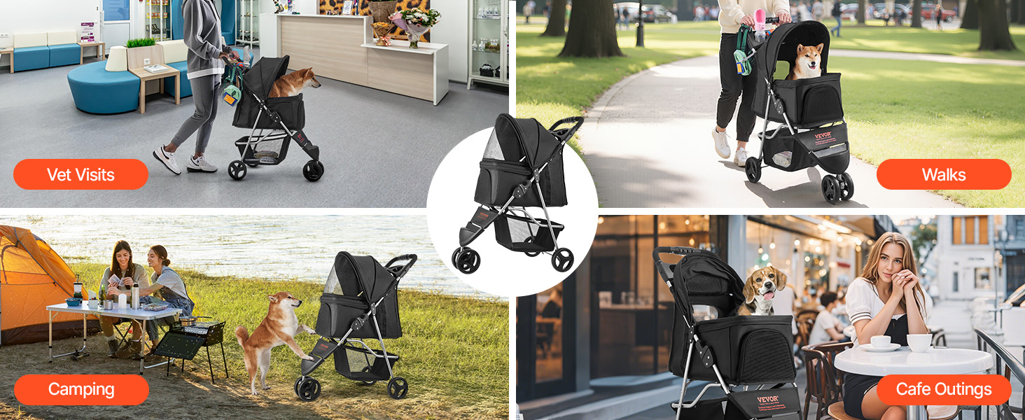 Візок для собак VEVOR, вантажопідйомність 16 кг, складний, для котів та собак, 3 колеса, сітчасті вікна, тримачі для напоїв, гальмо, для маленьких та середніх тварин