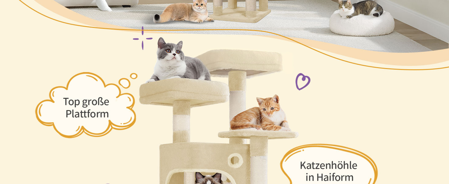 Драбина-кіготь для котів Hzuaneri, 159 см, з 8 стовпчиками, 3 платформами, 2 хованками, кошиком, плюшевими кульками та мотузкою з сизалю. Підходить для котів різних розмірів. MS15918LG (Бежевий)