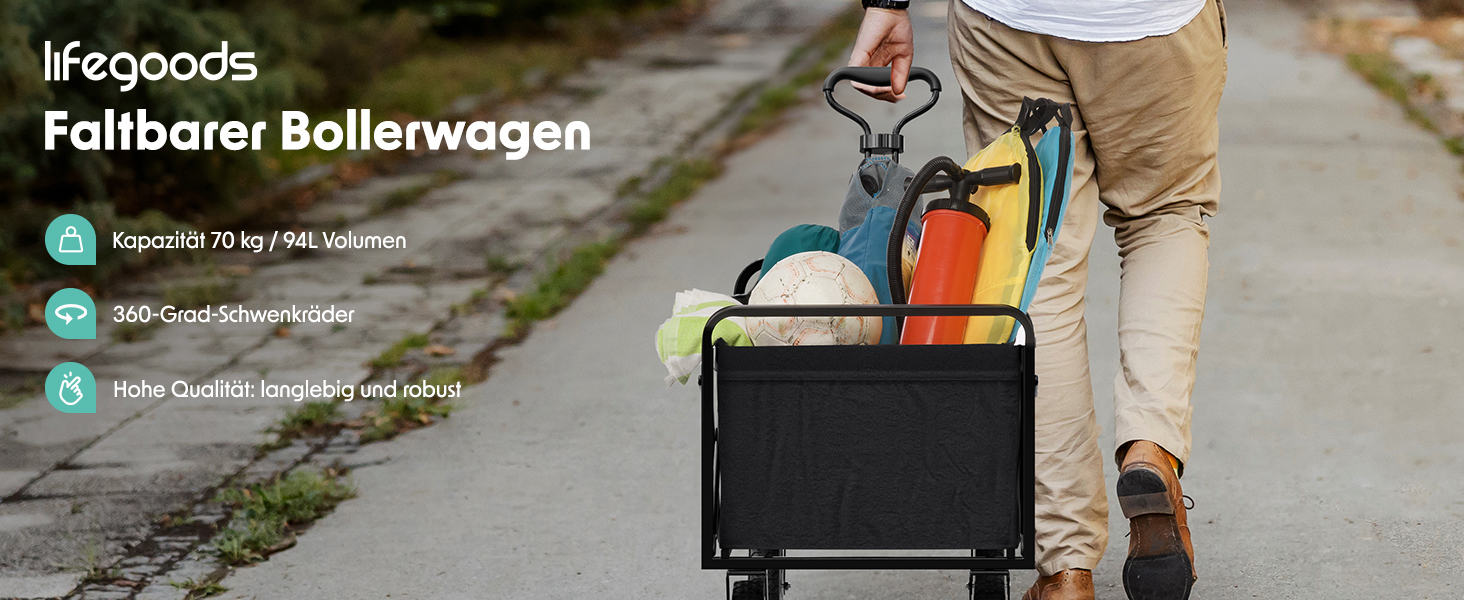 LifeGoods Фарбована візок-тачка, складаний садовий/пляжний візок, чорний – 98x45 см, 94L