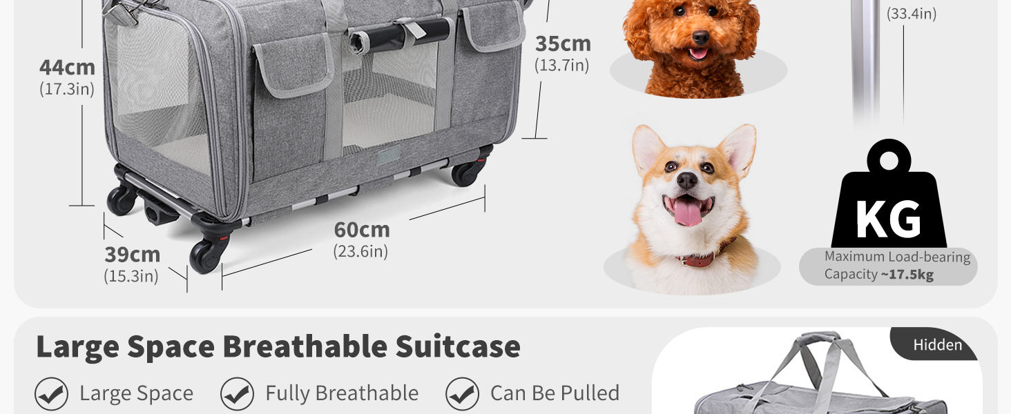 Транспортна сумка для котів PETCUTE з колесами, дихаюча переноска для 2 котів, складана переноска для собак з телескопічною ручкою, знімний килимок, ідеальна для подорожей, темно-сіра